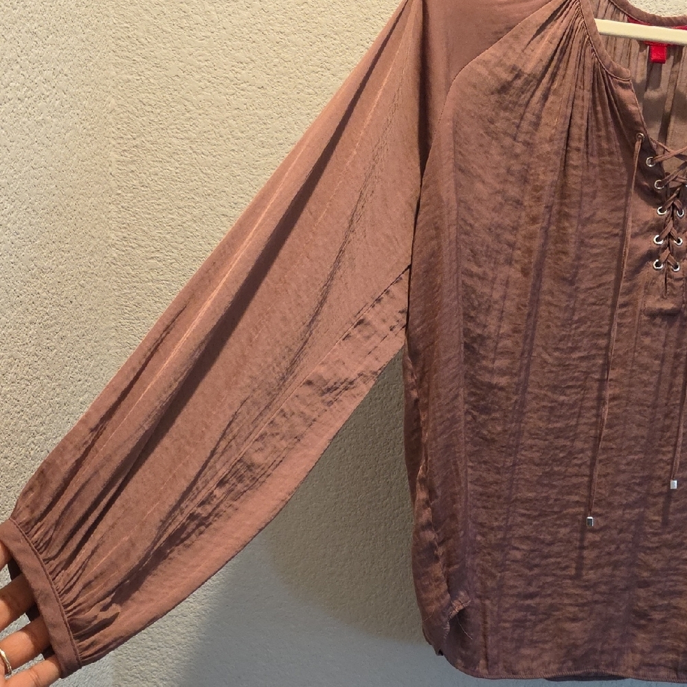 Boho Chic Fairycore J.LO Rose Taupe Lace-Up Cottagecore Blouse - Picture 5 of 9